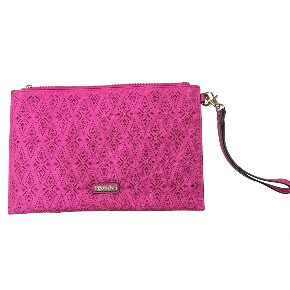 Aldo‎ Hot Pink Laser Cut Wristlet Clutch Bag Gold Hardware Diamond Pattern EUC